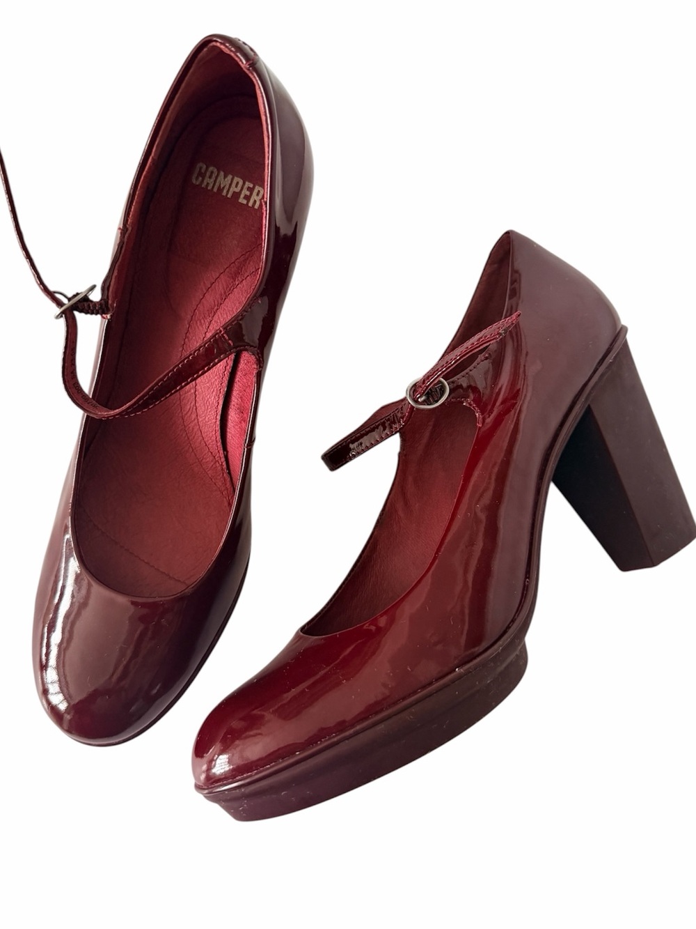 Camper Burgundy Patent Mary Jane Block Heels